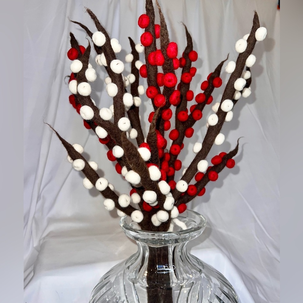 NEW! Decorative Red and White Felt Pom Pom Branches